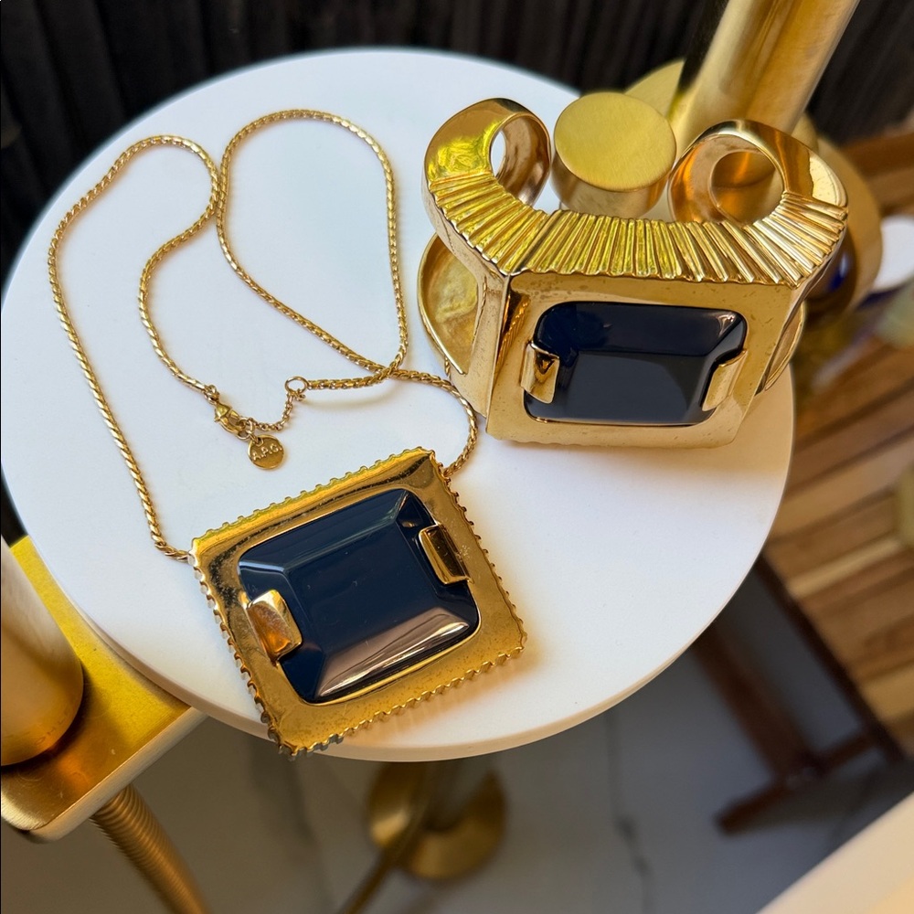A.P.C. Gold and navy Statement Necklace with Geometric Pendant